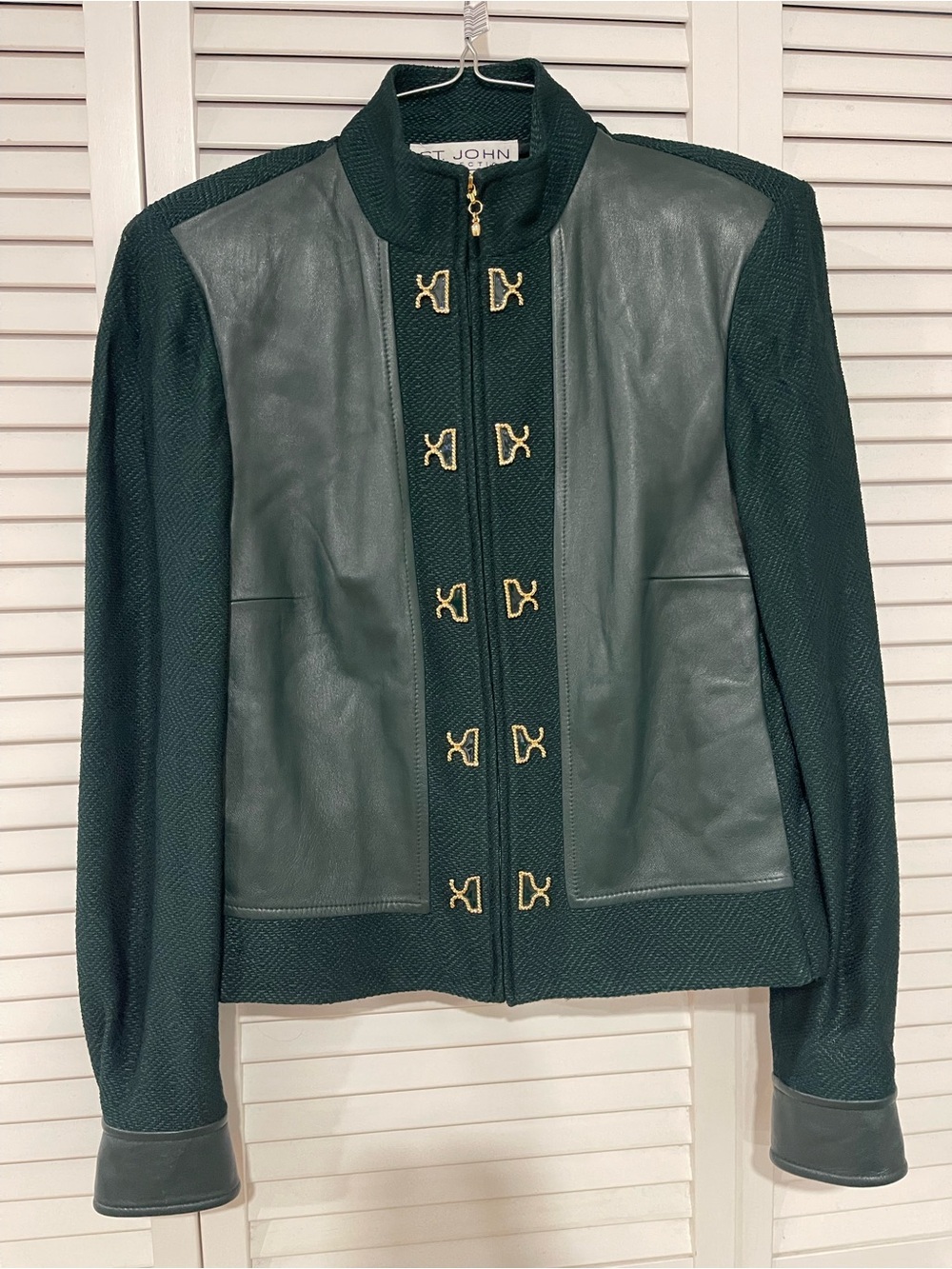 St. John Dark Green Leather-Front Mixed-Material Jacket